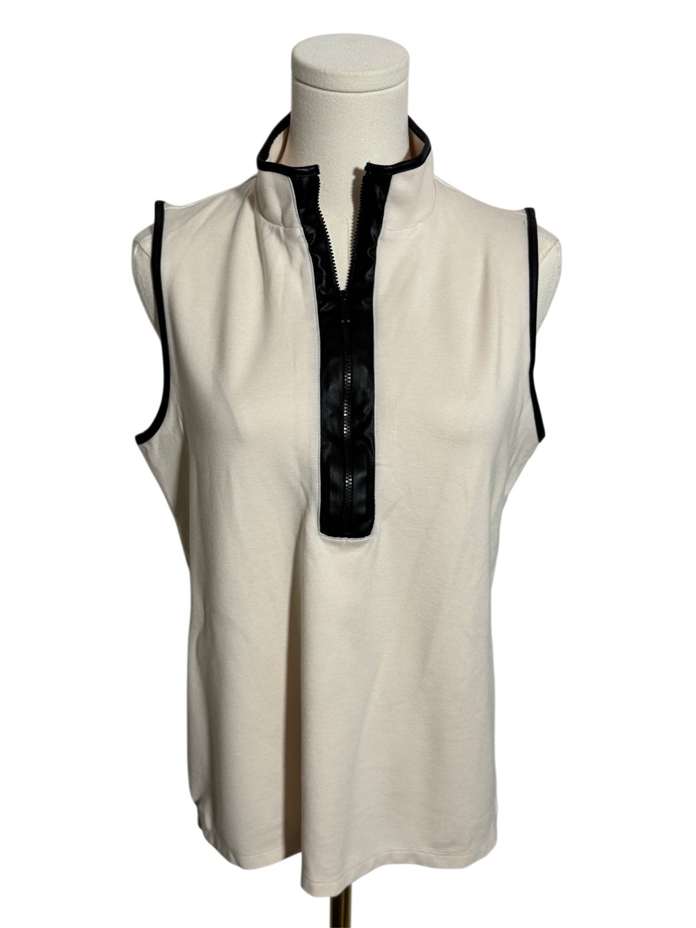 WSH56 {Anne Klein} Ivory Faux Black Leather Trim Sleeveless 1/4 Zip Tank Top